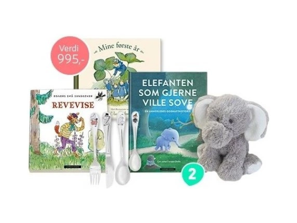 Babypakke med kosedyr og bestikksett