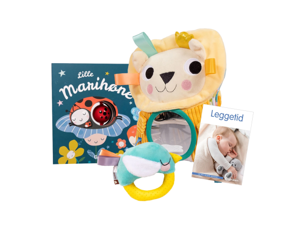 Babypakke med rangle og stoffbok