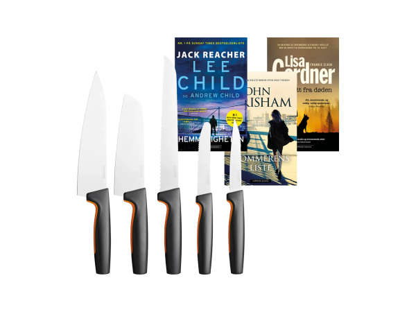 Fiskars knivsett og 3 krimbøker